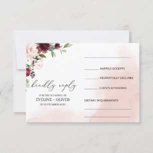 Waterverf bordeaux blozen roze bloemenboho bruilof RSVP kaartje
