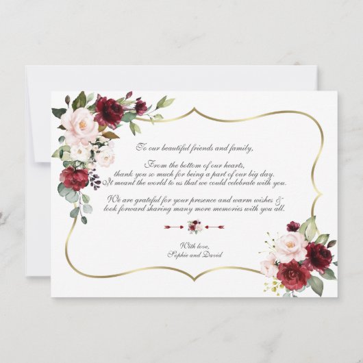 Waterverf Bordeaux Roze Bloemen Gouden Trouw  Bedankkaart (Achterkant)