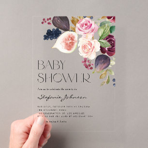 Waterverf bordeauxrood bloem- en vijgen babyshower acryl uitnodigingen