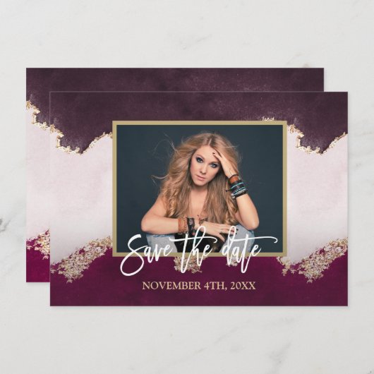 Waterverf bordeauxrood gouden bruidsdouche save the date (Voorkant / Achterkant)