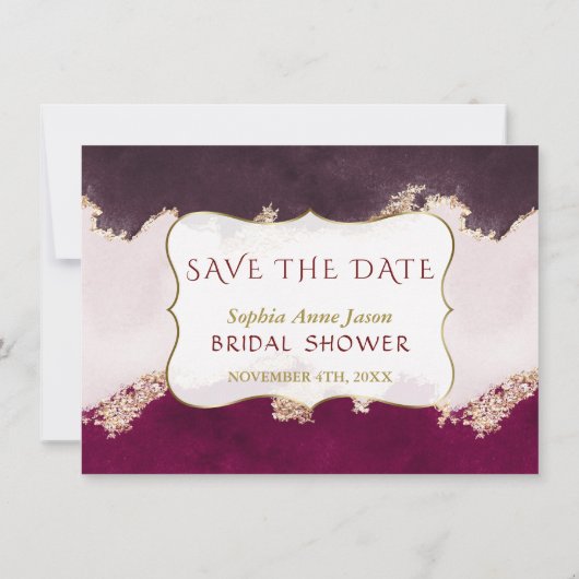 Waterverf bordeauxrood gouden bruidsdouche save the date (Achterkant)