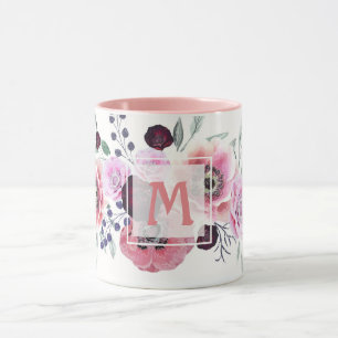 Waterverf bordeauxroze bloemen mok