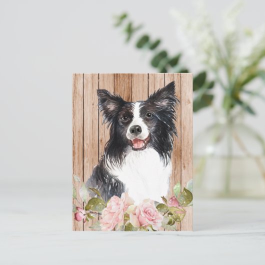 Waterverf Border Collie & Flowers Briefkaart (Staand voorkant)