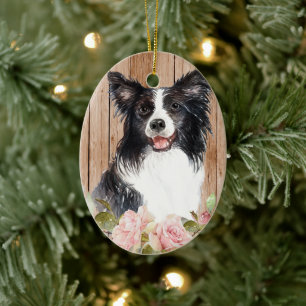 Waterverf Border Collie & Flowers Keramisch Ornament