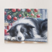 Waterverf Border Collie slaapt met kerst Legpuzzel (Horizontaal)