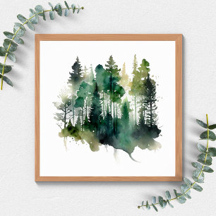 Waterverf Bos Bomen Natuur Groen Bruin Poster