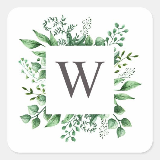 Waterverf bos groen bruiloft monogram vierkante sticker (Voorkant)