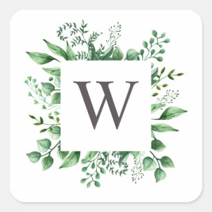 Waterverf bos groen bruiloft monogram vierkante sticker