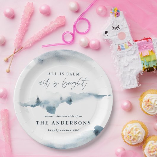 Waterverf bos minimal blauw kerstfeest papieren bordje (Feest)