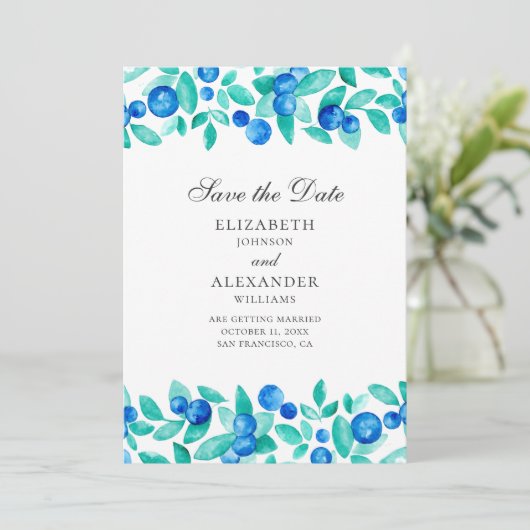 Waterverf bosbessen. Blauw- en munthuwelijk Save The Date (Staand voorkant)