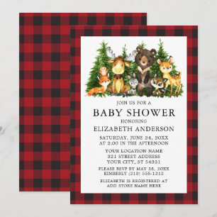 Waterverf Bosdieren Baby Shower Rood Geruit Kaart