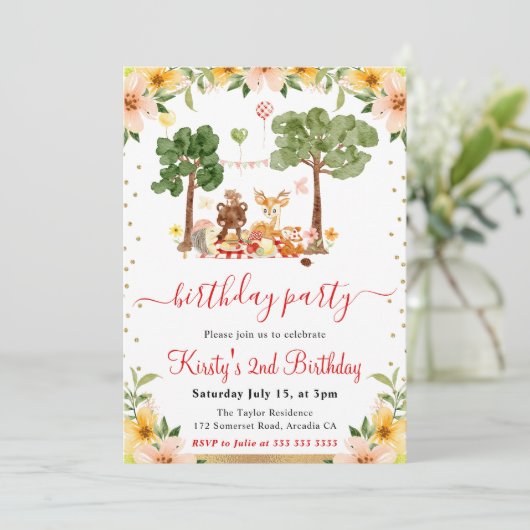 Waterverf Bosdieren Picknick Verjaardag Kaart (Staand voorkant)