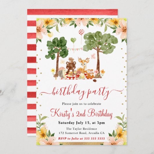 Waterverf Bosdieren Picknick Verjaardag Kaart (Voorkant / Achterkant)