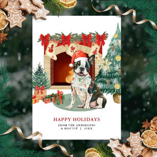 Waterverf Boston Terrier Kerst Kaart