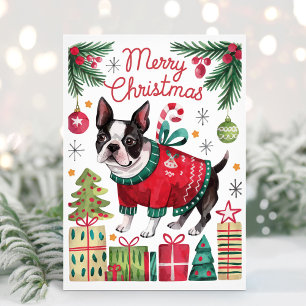 Waterverf Boston Terrier Kerst Kaart