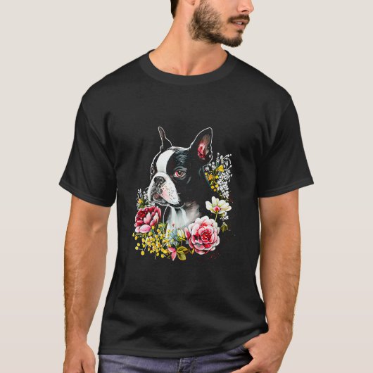 Waterverf Boston Terrier met bloemen Bostie 16 T-shirt (Voorkant)
