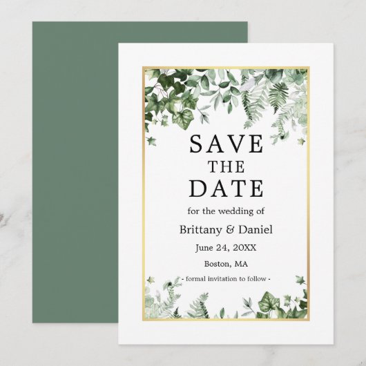 Waterverf Botanical Ivy Ferns Sage Green Gold Save The Date (Voorkant / Achterkant)