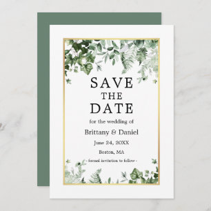 Waterverf Botanical Ivy Ferns Sage Green Gold Save The Date