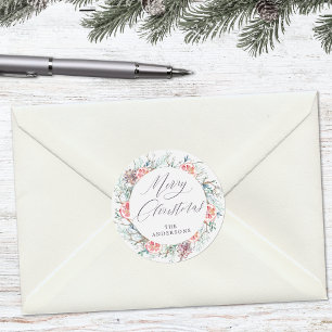 Waterverf botanicals vrolijk kerstfeest ronde sticker