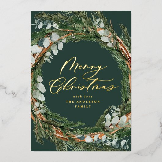 Waterverf botanisch elegant script kerst folie feestdagenkaart (Voorkant)