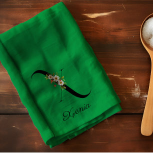Waterverf botanisch groen initiaal monogram theedoek