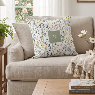 Waterverf botanisch monogram met wilde bloemen kussen