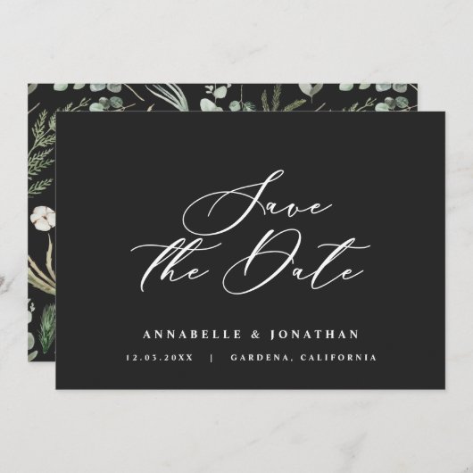 Waterverf botanisch zwart elegant script opslaan save the date (Voorkant / Achterkant)