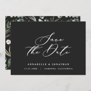 Waterverf botanisch zwart elegant script opslaan save the date