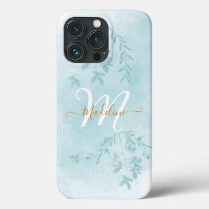 Waterverf Botanische bladeren Blauw Monogram iPhone 13 Pro Hoesje