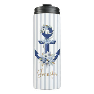 waterverf botanische blauw nautische strepen goud thermosbeker
