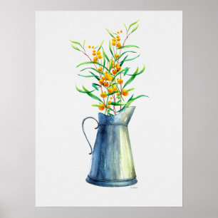 Waterverf Botanische Blauwe Gele Vase Poster