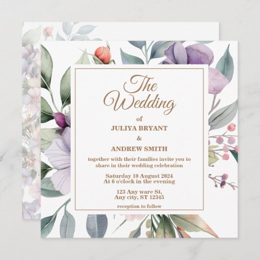 Waterverf botanische bloemen bruiloft uitnodiging (Voorkant / Achterkant)