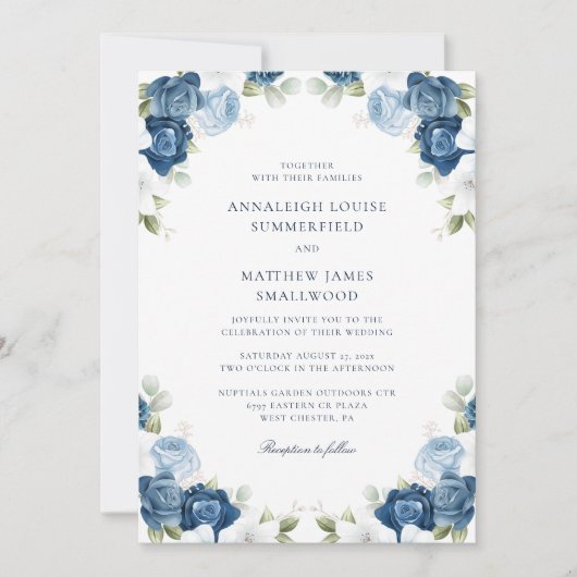 Waterverf Botanische Dusty Blue Floral Wedding Kaart (Voorkant)