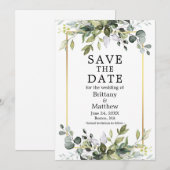 Waterverf Botanische Greenery Gold Lijst Save The Date (Voorkant / Achterkant)
