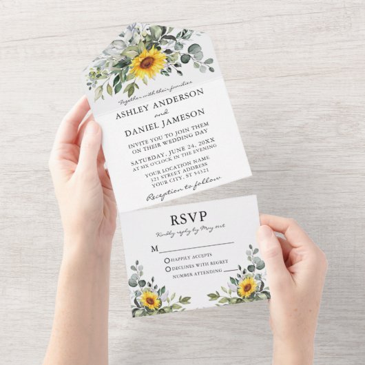 Waterverf Botanische Greenery Sunflower Wedding All In One Uitnodiging (Afscheurbaar)