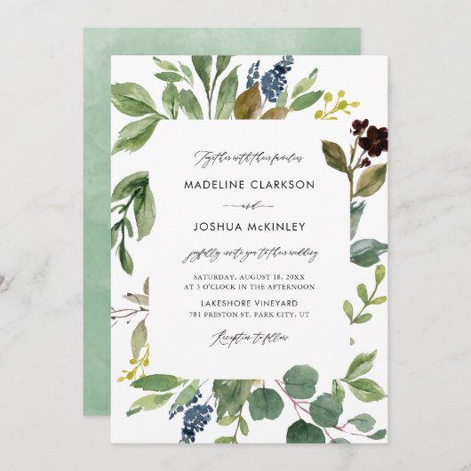 Waterverf Botanische Greenery Wedding Invitation Kaart (Voorkant / Achterkant)