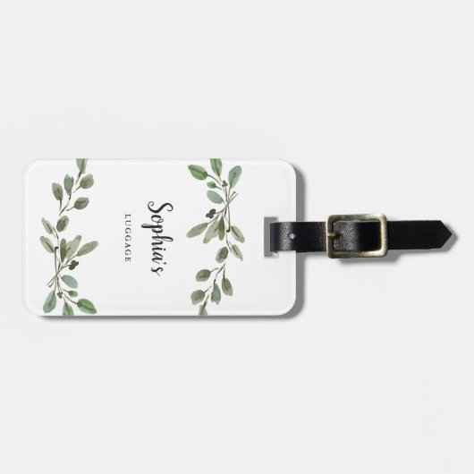 Waterverf Botanische groene bladeren en script Bagagelabel (Voorkant horizontaal)
