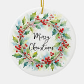 Waterverf botanische hulst en bessen krans keramisch ornament (Voorkant)