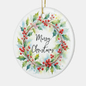 Waterverf botanische hulst en bessen krans keramisch ornament (Links)