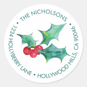 Waterverf Botanische Hulstbes Kerstmis Ronde Sticker