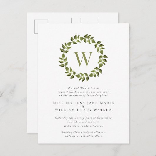 Waterverf Botanische krans Groene Leaf Bruiloft Uitnodiging Briefkaart (Voorkant / Achterkant)