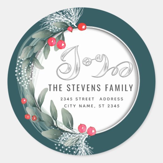 Waterverf botanische krans script vreugde winter ronde sticker (Voorkant)