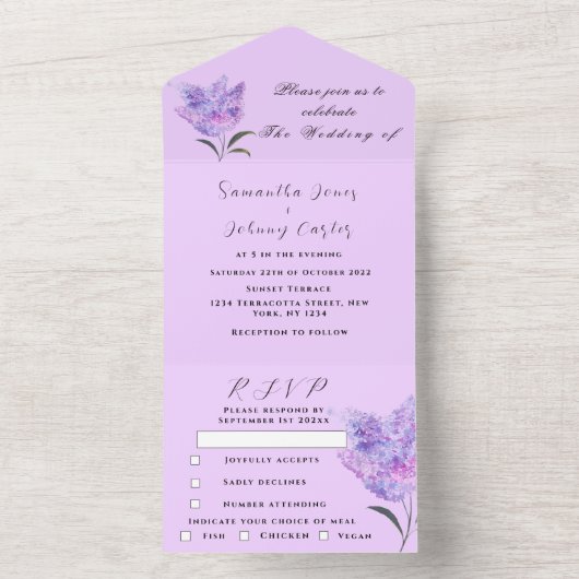 Waterverf Botanische Lila Paarse Bloemen Bruiloft All In One Uitnodiging (Binnen)