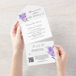 Waterverf Botanische lila Paarse Floral Wedding All In One Uitnodiging