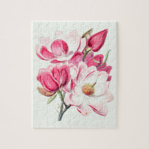 Waterverf Botanische Roze Magnolia Flowers Legpuzzel