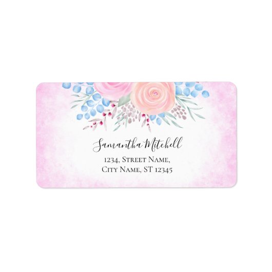 Waterverf Bouquet Roses Blue Leaves Etiket (Voorkant)