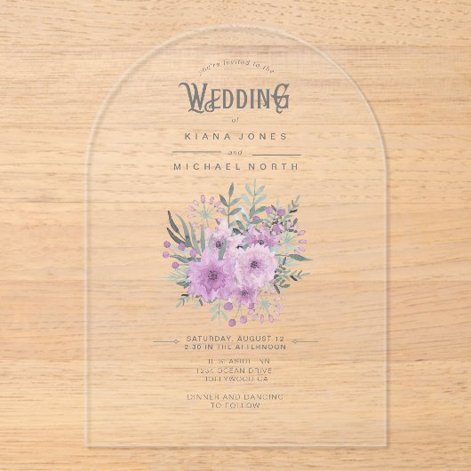 Waterverf Bouquet Wedding Lila ID654 Acryl Uitnodigingen (Voorkant)