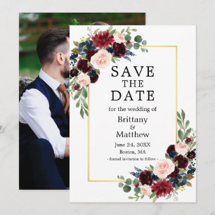 Waterverf Bourgogne Blauw Bloemen Goud Lijst Foto Save The Date