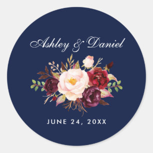 Waterverf Bourgogne Bloemen Blauw Bruiloft Ronde Sticker
