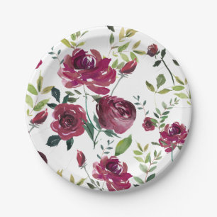 Waterverf Bourgogne Bloemen Bloemenpatroon Papieren Bordje